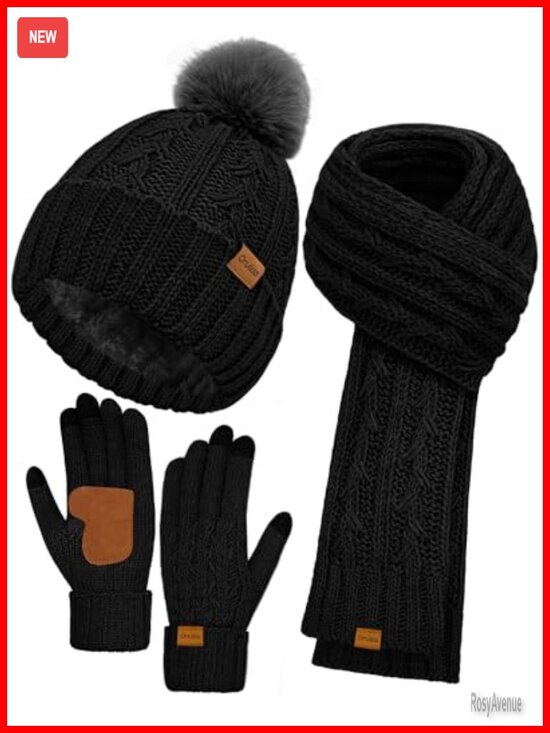 Fleece Lined Knitted Beanie Hat Scarf Gloves Set Touchscreen Mittens main image 4